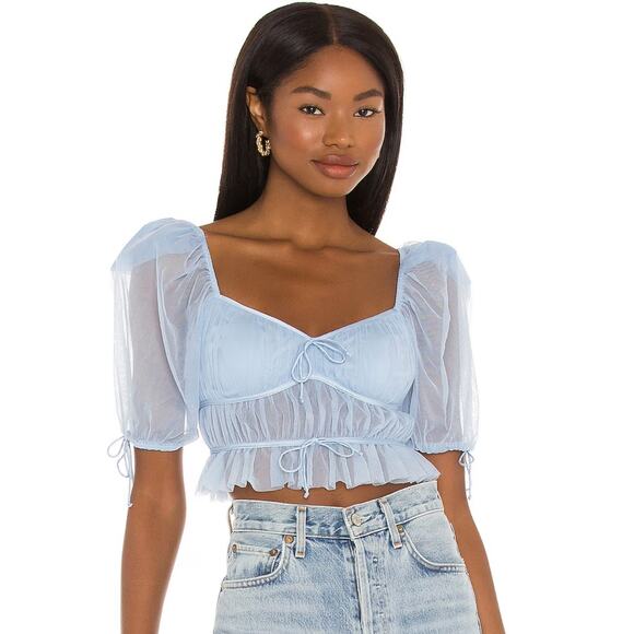 For Love & Lemons Tops - For Love & Lemons Sunshine Sheer Mesh Puff Sleeve Crop Top Light Blue NWOT Small